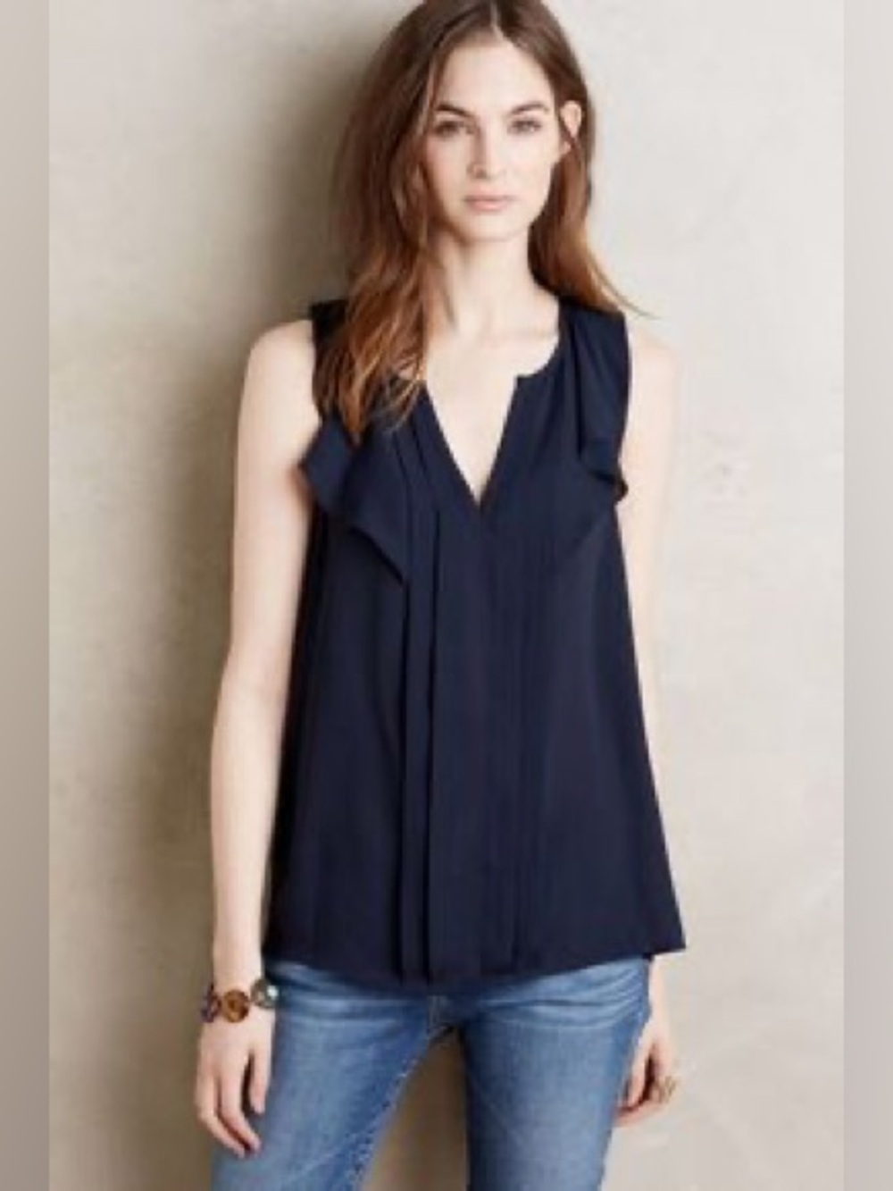 Maeve for Anthropologie Navy Chiffon Ruffle Sleeveless Blouse - Picture 2 of 4